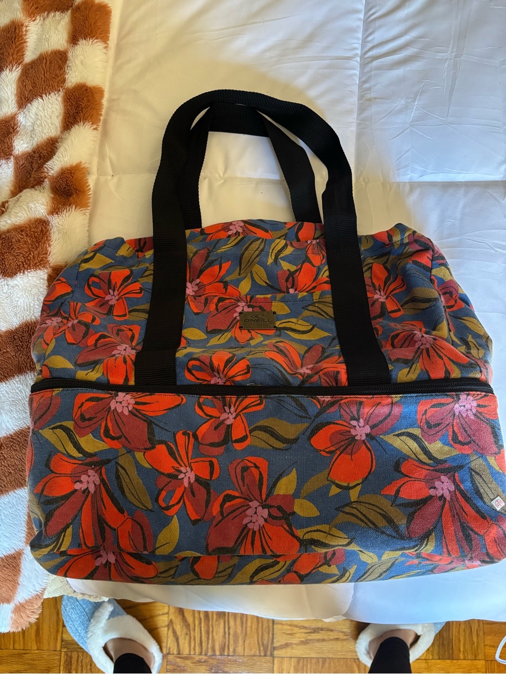 O’Neil Floral Canvas Tote Bag/Cooler with Black Straps - Red Floral